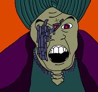 all_your_base_are_belong_to_us cape cats clothes green_skin hair meta:tagme metal open_mouth orange_background purple_eyes robot variant:feraljak video_game zero_wing // 1025x972 // 41.7KB