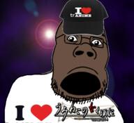 anime black_skin clothes glasses hat i_love japanese_text morocco open_mouth soyjak stretched_mouth stubble text umineko variant:canjak // 528x482 // 164.2KB