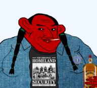 alcohol alcoholics_anonymous black_and_white braids button clothes denim_jacket fat fireball(whiskey) gun homeland_security mutt native_american red_skin smoking tshirt variant:chudjak whiskey // 1284x1161 // 1.4MB