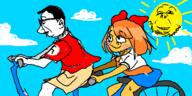 2soyjaks bicycle blush bowtie closed_mouth clothes cloud ear glasses hair mymy necktie oekaki ongezellig orange_hair orange_skin skirt smile soyjak stubble subvariant:wholesome_soyjak sun variant:chudjak variant:gapejak // 500x250 // 42.4KB