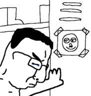 arm closed_eyes closed_mouth crying drawn_background frown glasses hair hand mustache sad school side_profile soyjak variant:chudjak // 653x688 // 14.0KB