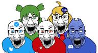 4chan 5soyjaks anime blue_eyes blue_skin clothes discord glasses green_eyes green_hair hair knowyourmeme no_eyes open_mouth orange_eyes ornament reddit soyjak stubble tshirt twitter twitter_checkmark variant:el_perro_rabioso yellow_hair yotsoyba // 1044x569 // 49.2KB