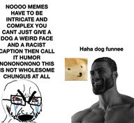 bloodshot_eyes crying distorted doge gigachad glasses open_mouth redditard soyjak stubble text variant:cryboy_soyjak // 960x886 // 75.8KB