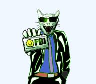 arm clothes ear federal_bureau_of_investigation glowie glowing hand necktie open_mouth soyjak stubble subvariant:feral_meowjak suit sunglassse text variant:feraljak whisker // 1185x1046 // 375.0KB