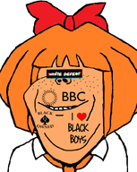 bbc black_owned blacked clothes hair hair_ribbon i_love_black_boys mymy_(ongezellig) ongezellig orange_hair orange_skin queen_of_spades smile soyjak spade stubble tattoo variant:impish_soyak_ears white_background white_defeat // 741x929 // 130.5KB