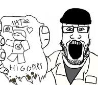 arm beanie clothes glasses hair hand hat holding_object minecraft nate open_mouth paper soyjak stubble swastika text variant:markiplier_soyjak // 1000x872 // 267.1KB