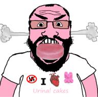 beard clothes drugs glasses hair heart i_love nazism open_mouth pink_skin smoke soyjak subvariant:science_lover swastika tshirt variant:markiplier_soyjak // 799x790 // 223.7KB