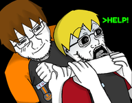 2 black_background blond brown_hair choking dan glasses grey_shirt help meta:tagme multiple_soyjaks nate natejak op_loathes_nate orange_shirt pleading red_shirt scared smirk stubble suffocation text variant:soyak white_skin // 3316x2611 // 1.7MB