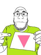 closed_mouth glasses green_shirt hand holding_object neutral pointing stubble subvariant:nuplier triangle variant:markiplier_soyjak // 676x913 // 31.2KB