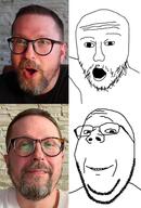 2soyjaks Anatoly_shariy glass open_mouth pointing russia smile soyjak stubble subvariant:wholesome_soyjak ukraine variant:gapejak variant:two_pointing_soyjaks // 864x1280 // 139.6KB