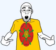 arm british clothes ear flag flag:lancashire flower glasses hair hand lancashire lancaster_rose open_mouth plant pointing rose soyjak stubble teeth tshirt united_kingdom variant:shirtjak // 1236x1118 // 159.7KB