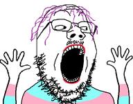 arm faggot hair hand hands_up lgbt lipstick looking_to_the_right open_mouth purple_hair series:fusionjaks stubble tranny transgender_flag troon variant:excited_soyjak variant:gapejak white_background // 760x595 // 30.5KB