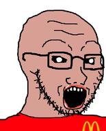 amerimutt black_sclera brown_skin clothes glasses lips mcdonalds open_mouth red_shirt soyjak stubble variant:soyak // 644x800 // 26.7KB
