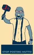 amerimutt angry animal_ears bald banhammer barack_obama blue_skin clothes crazed dog dog_ear full_body glasses hammer holding_hammer holding_object hope janny jay_louis_irwin meta open_mouth overalls poster propaganda soybooru soyjak stubble suspenders text variant:feraljak watch wristwatch yellow_background // 300x480 // 22.4KB