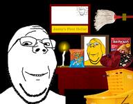 3soyjaks broom bug candle cheeto chocolate dog ear frame glasses hot_pocket janny smile soyjak spider stubble subvariant:wholesome_soyjak variant:gapejak yellow_skin // 1280x1000 // 698.6KB