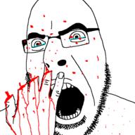 amputation angry bald blood blood_drip blood_on_face blood_splatter blood_spray crying cut deep_wound glasses gore hand injury mutilation open_mouth soyjak stubble thick_eyebrows variant:cobson white_background // 721x720 // 33.2KB