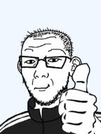 closed_mouth ear glasses hair hand smile smirk soyjak stubble thumbs_up track_suit variant:carterjak variant:kuzjak // 810x1080 // 70.1KB