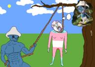 2soyjaks arm bloodshot_eyes blue_skin buff closed_mouth clothes crying drawn_background ear full_body glasses grass hand hanging holding_object holding_rope irl leg lynching mustache neovagina noose open_mouth outdoors purple_hair rope shailushai smile smug smurf smurf_cat soyjak tongue tranny tree variant:bernd variant:chudjak yellow_teeth // 2100x1500 // 660.4KB