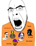 5soyjaks angry anime badge balding bloodshot_eyes climate_change clothes crazed crying czechia flag glasses glowing glowing_eyes greentext hair i_love makeup open_mouth pointing purple_hair soyjak soyjak_party stubble subvariant:crazed_troonjak subvariant:soyak_(crazed) text thougher touhou tranny trend:colorjak tshirt variant:chudjak variant:cobson variant:nojak variant:soyak video_game // 850x1077 // 188.5KB