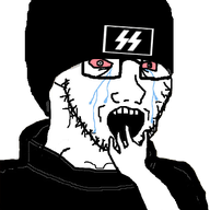 arm beanie bloodshot_eyes clothes crying glasses hand hat hoodie nazism open_mouth politics schutzstaffel soyjak stubble subvariant:crying_soyak_ears2 variant:soyak // 383x380 // 55.2KB
