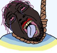 ack black_skin bloodshot_eyes crying eyelashes flag:minor_attracted_person flag_shirt hanging lipstick map_(pedophile) moustache nigger noose pedophile pink_hair rope rotten_teeth suicide tongue variant:bernd // 1295x1205 // 96.8KB