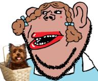 amerimutt basket black_sclera blush braids brown_hair brown_skin clothes dog dorothy ear eyelashes long_hair open_mouth pigtails ribbon stubble subvariant:impish_amerimutt the_wizard_of_oz variant:impish_soyak_ears white_shirt // 778x640 // 203.2KB