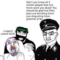 3 ack arm choke_hold closed_mouth clothes ear femboy glasses hamas headlock nazism necktie open_mouth palestine pedophile purple_hair soyjak strangling stubble subvariant:chudjak_front text the_weak_should_fear_the_strong totenkopf tranny ttd variant:bernd variant:chudjak vein // 680x680 // 281.4KB