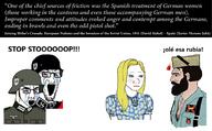 2soyjaks angry bloodshot_eyes clothes crying glasses helmet military nazism nordic_chad open_mouth schutzstaffel soyjak spain spanish_text stubble trad_wife uniform variant:chudjak variant:soyak wojak // 1023x632 // 409.0KB