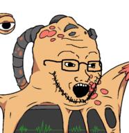 beard fallout fallout_1 glasses master monitor multiple_eyes mutant open_mouth pipe soyjak stubble the_master_(fallout) variant:soyak white_skin // 1125x1161 // 1.2MB