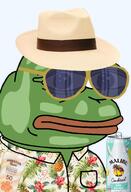 alcohol amphibian can closed_mouth clothes cocktail collared_shirt drink flower frog glasses green_skin hat hawaiian_shirt hawaiian_tropic lips malibu_(rum_brand) nas:pepe panama_hat pepe pepe_the_frog pina_colada pineapple plant series:pepe_hat straw_hat sunglasses sunscreen transparent_background // 1008x1479 // 1.2MB