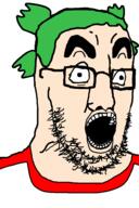 4chan anime clothes glasses green_hair hair open_mouth soyjak stubble thick_eyebrows variant:chudjak2 yotsoyba // 645x970 // 70.7KB