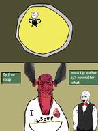 3soyjaks angry bloodshot_eyes bug calm closed_mouth ear fly fume glasses heart i_love melting open_mouth red red_skin restaurant smile soup soyjak stubble sweating variant:impish_soyak_ears variant:soyak waiter // 574x768 // 98.1KB