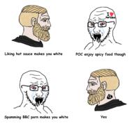 bbc beard bloodshot_eyes chad crying ear glasses hand hot_sauce i_love mustache nordic_chad open_mouth queen_of_spades soyjak soyjak_comic stubble text variant:soyak // 2400x2300 // 1.5MB