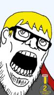 badge clothes glasses nate open_mouth soyjak soyjak_party stubble text variant:stu yellow_hair // 387x673 // 105.2KB