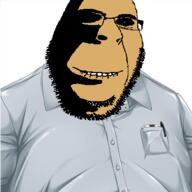 biting_lip black_sclera brown_skin closed_mouth clothes collared_shirt glasses grey_shirt imminent_rape looking_at_you ominous soyjak stubble subvariant:hornyson takabe_torao ugly_bastard variant:cobson white_background white_pupils // 368x368 // 70.8KB