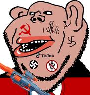 1488 amerimutt anti_furry communism dog ear facial_mark fat flag:anti_furry gun hammer_and_sickle lips nazism nerf soyjak stubble subvariant:impish_amerimutt swastika tiktok trend:slopjak variant:impish_soyak_ears // 598x628 // 144.9KB