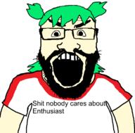 4chan 4cuck angry anime beard clothes enthusiast glasses green_hair hair open_mouth shitnobodycaresabout soyjak subvariant:science_lover text tshirt variant:markiplier_soyjak white_shirt yotsoyba // 800x789 // 164.5KB