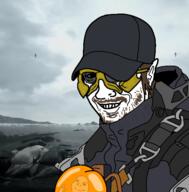 2soyjaks brown_hair cap closed_mouth clothes death_stranding ear grin hair hat mustache smile soyjak stubble subvariant:shoyta thumbs_up variant:gapejak variant:thunderf00t video_game // 529x538 // 242.1KB