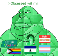 emerald emerald_(namefag) femerald flag:lesotho flag:lgbt_pride_flag flag:transgender_pride_flag garten_of_banban green_skin hello_my_name_is_(sticker) lips meta:namefags pride_flag subvariant:terryjak transgender_flag variant:gapejak variant:meximutt // 888x849 // 107.2KB