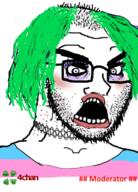 4chan angry clothes crazed flag glasses green_hair hair looking_down makeup necklace open_mouth soyjak stubble subvariant:crazed_troonjak subvariant:soyak_(crazed) text tranny variant:soyak // 529x737 // 429.9KB