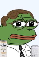 amphibian bald blue_background brown_hair can closed_mouth clothes coffee collared_shirt drink frog glasses google google_pixel graphene_os green_skin hair la_colombe latte lips looking_at_you nas nas:pepe necktie pepe_the_frog phone vanilla // 1344x1973 // 385.9KB