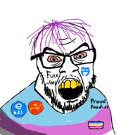 acne angry bloodshot_eyes brown_eyes communism discord e621 foodist furry glasses hammer_and_sickle jacketmap_(pedophile) joel_(user) open_mouth pedophile purple_hair soyjak stubble text tranny variant:feraljak yellow_teeth // 1500x1500 // 667.2KB