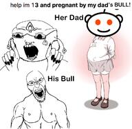 2soyjaks angry anime buff glasses open_mouth pregnant reddit snoo soyjak spade stubble tattoo text variant:angry_soyjak variant:roundjak // 1171x1145 // 501.3KB