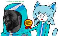 animal award blue_hair blue_shirt blush cat catgirl clothes english_text gempass hand_on_hip looking_at_you meta:op_here_i_just_wanted_to_confess_that_im_trans_btw nas:award nas:gigachad nas:tama skirt standing subnas:gemma tail text upper_body white_skin // 1195x738 // 169.2KB