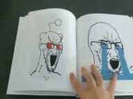 2soyjaks animated antenna arm bloodshot_eyes book cry_me_a_river crying ext=mp4 flip glasses hand irl laughing looking_down looking_up open_mouth orange_eyes reddit redditard soyjak stubble variant:cryboy_soyjak variant:soyak video wojak // 600x450, 5s // 5.0MB