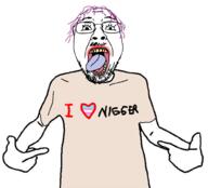 arm clothes glasses hair hand heart i_heart_nigger i_love mustache nigger open_mouth pointing purple_hair soyjak stubble tranny tshirt variant:bernd variant:shirtjak // 1000x905 // 262.4KB