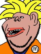 amerimutt black_sclera brown_skin clothes dragon_ball dragon_ball_z ear hair lips mcdonalds mutt open_mouth orange_shirt son_goku soyjak stubble subvariant:impish_amerimutt super_saiyan variant:impish_soyak_ears yellow_hair // 600x800 // 84.3KB