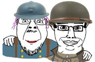 2soyjaks adrian_helmet chud chud_troon_alliance closed_mouth colonial foxhole friendship glasses hand helmet m1_helmet military purple_hair smile subvariant:chudjak_front tranny variant:bernd variant:chudjak video_game warden // 834x541 // 230.3KB