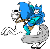 blue_cape blue_hair blue_shirt blue_shoes blue_skirt boots cape clothes horse meta:leaky nas:tama open_mouth pointing riding skirt subnas:gemma subvariant:impish_horse tail variant:horsejak white_skin // 3680x3648 // 263.2KB