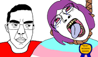 ack award bloodshot_eyes crying eyelashes flag:transgender_pride_flag glasses looking_up purple_hair real_woman_award red_shirt rope smile subvariant:59_percent subvariant:patrick variant:bernd variant:chudjak variant:gapejak white_skin // 2072x1224 // 217.6KB